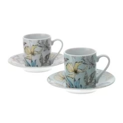 Box 2 Tazzine Caffè Floreali Bianco E Azzurro 9x5cm
