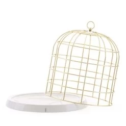 Seletti Gabbia In Metallo Dorato Con Piatto In Porcellana “Twitable” 34x36cm